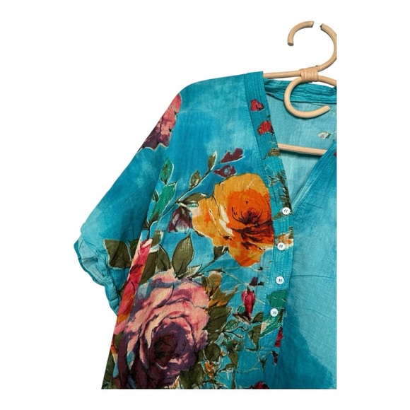 Aqua Bold Floral Split Neck Button Womens Kaftan Aloha Tropical Cover Up OSFA - Picture 8 of 11